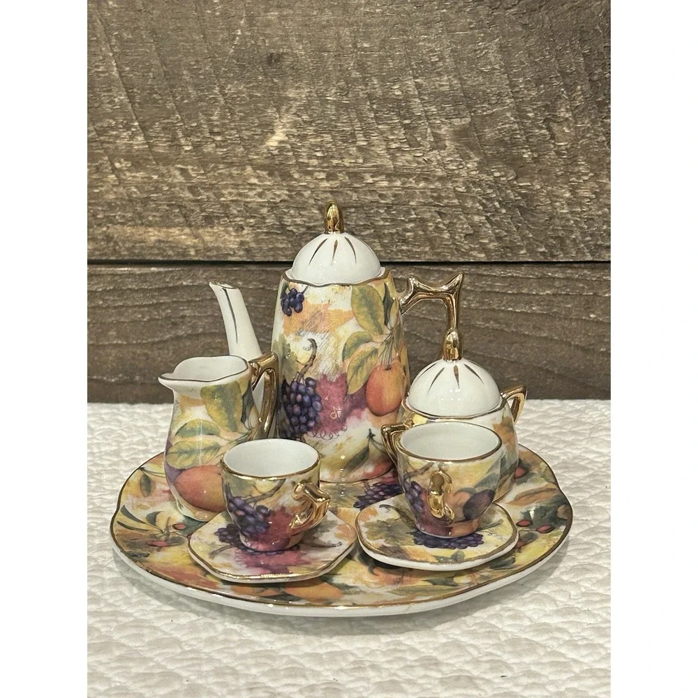 Vintage Miniature 10 Piece Chinese Porcelain Tea Set Fruit Design Gold Trim EUC‎